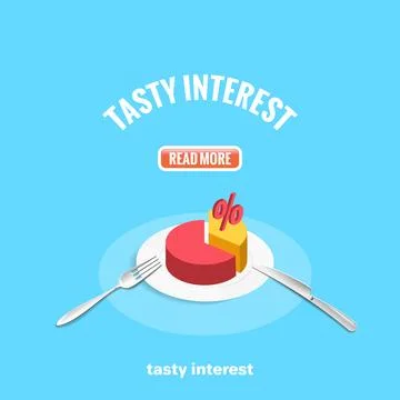 On a white plate is a pie chart and next are a knife and fork, a button on a  Stock Illustration