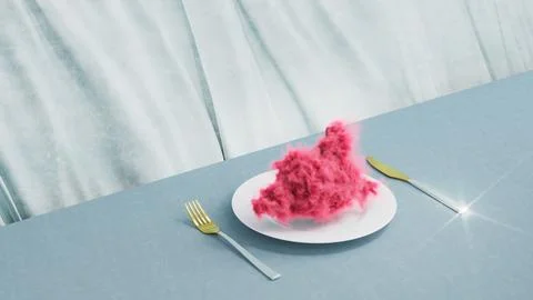 White plate with pink cloud and cutlery. 3d rendering, 3d illustration. Illustrazione stock