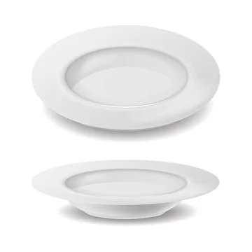 White plate. Realistic empty dish. Side view of isolated crockery. Ceramic Stock Illustration