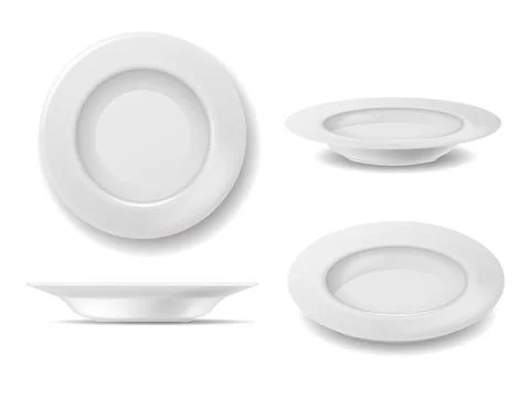 White plate set. Dish empty plates top and side view, realistic clean round bowl Stock Illustration