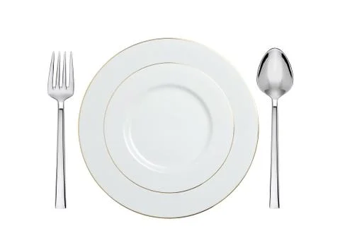 White plate, spoon and fork isolated on white Fotos de archivo
