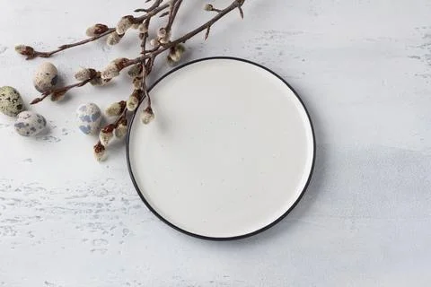 White plate, willow branches, eggs on light blue background, Easter composition Stock-Fotos