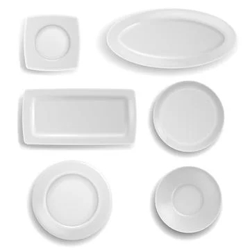 White plates set. Clean realistic ceramic porcelain tableware different forms Stock Illustration