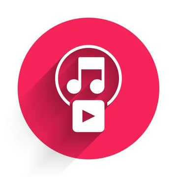 White Play in square icon isolated with long shadow. Red circle button. Vector Stock Illustration