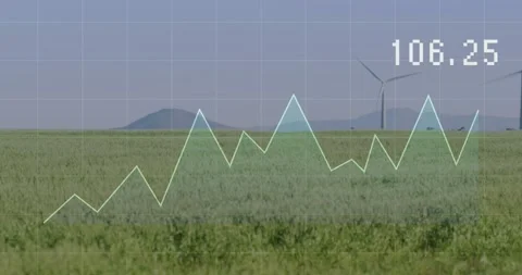 White plotted line appearing left, tracing jagged wind power over grass, camera Video stock 330793776