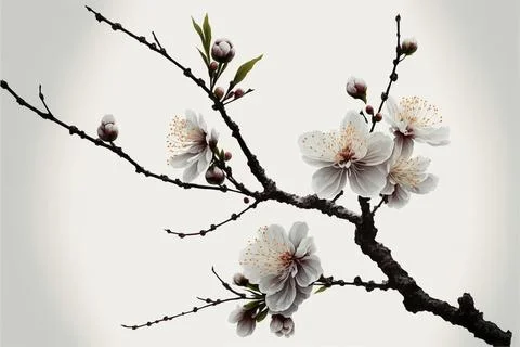 White plum tree flower design elements on white background Stock Illustration