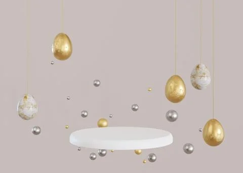 White podium with golden Easter eggs and copy space. Modern stage for product Illustrazione stock