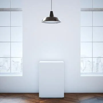 White podium in modern loft interior. 3d rendering Illustrazione stock