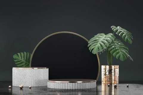 White podium for product display showcase with monstera pot decoration in b.. Stock Illustration