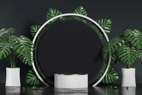 White podium for product display showcase with monstera pot decoration in b.. Stock Illustration