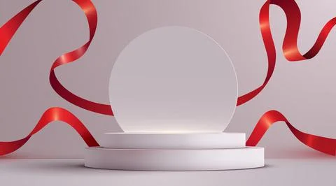 White podium scene background with red ribbon. Product presentation, mock up Stock Illustration