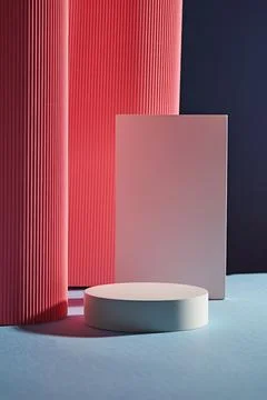 White podiums in round and rectangle shape displayed with folding pink paper  Stock Photos