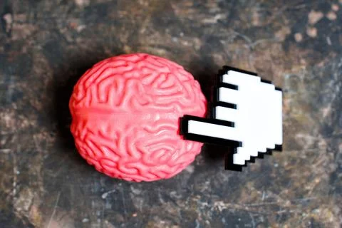 White Pointer Cursor Clicks a Pink Human Brain Model Stock Photos
