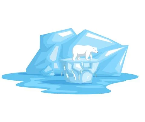 White polar bear stands on ice floe melting glacier. Wild animal need help on Stock Illustration