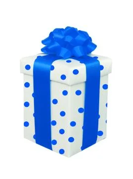 White polka dot present box with blue bow Fotos Stock