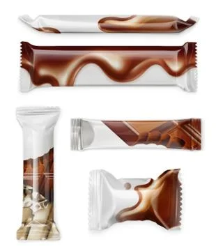 White polyethylene package, chocolate bar, vector mockup set Stock Illustration