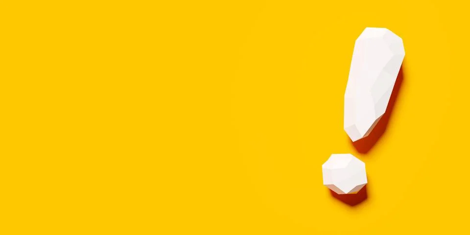 White polygonal low-poly exclamation mark over orange background, idea, sol.. Illustrazione stock