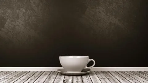 White Porcelain Small Drinking Cup on Wooden Floor Against Black Wall Stock Illustration