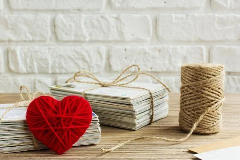 White post cards, postcrossing, Red heart Stock Photos