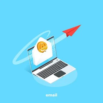White postal envelope on the  laptop screen, flying paper airplane, isometric Stock Illustration