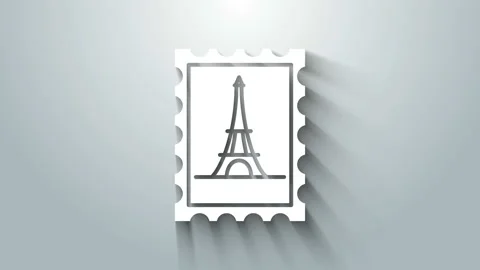 White Postal stamp and Eiffel tower icon isolated on grey background. 4K Video Stock Footage 145562079