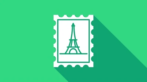 White Postal stamp and Eiffel tower icon isolated on green background. 4K Video Stock Footage 146740826