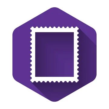 White Postal stamp icon isolated with long shadow. Purple hexagon button. Vector Stock Illustration