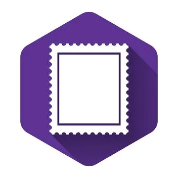White Postal stamp icon isolated with long shadow. Purple hexagon button. Vector Stock Illustration