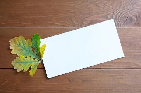 White postcard and oak leaf. Brown wooden background. Foto stock