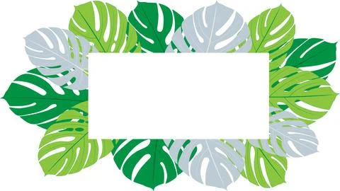 A white postcard for your text lies on the colorful leaves of the monstera Illustration