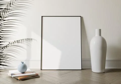 White poster on floor with blank frame mockup for you design 스톡 일러스트