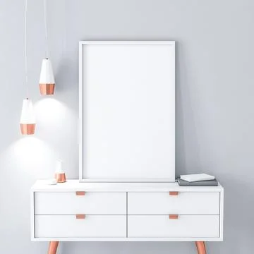 White poster Frame mockup on modern bureau. 3d rendering Illustrazione stock