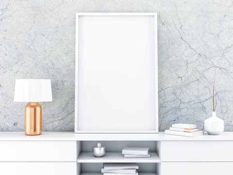 White poster Frame standing on the modern bureau with beautiful lamp Illustrazione stock