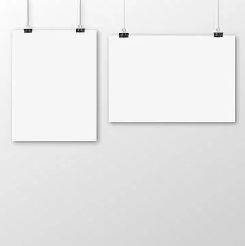 White poster hanging with binder on white background. Vector Stock Illustration