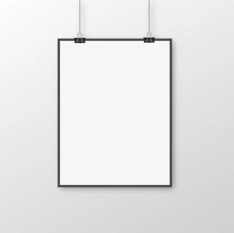 White poster hanging with binder on white background. Vector Stock Illustration