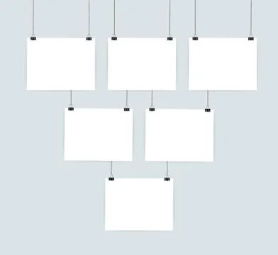 White posters hanging on binder. Grey wall with mock up empty paper blank. Ve Illustrazione stock