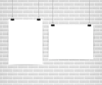White posters hanging on binder. Grey wall with mock up empty paper blank. Ve Illustrazione stock