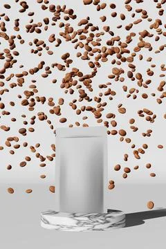 White pouch bag mockup falling coffee beans marble podium light background ha Stock Illustration