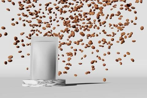White pouch bag mockup falling coffee beans marble podium light background ha Stock Illustration