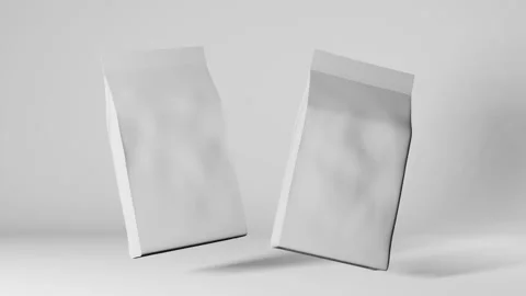 White pouch bags coffee beans branding floating 3D animation loop 4K Stock Footage 227007662