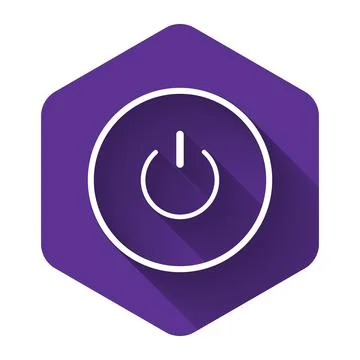 White Power button icon isolated with long shadow. Start sign. Purple hexagon Stock Illustration