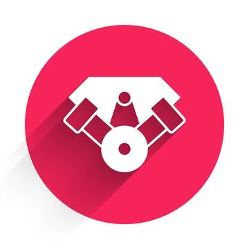 White Power car engine icon isolated with long shadow background. Red circle Ilustração Stock
