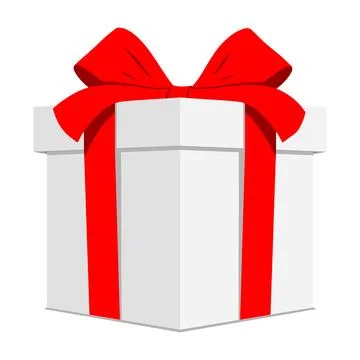 White present box with red ribbon, isolated on background. Flat style giftbox Stock Illustration