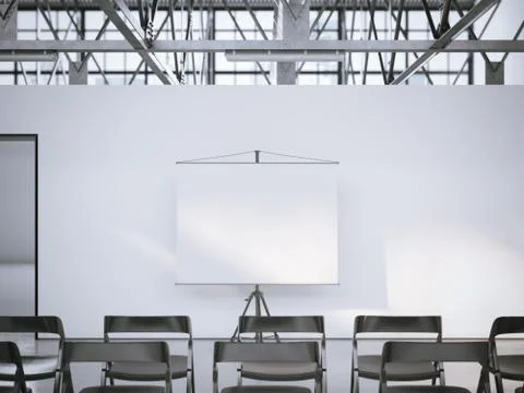 White presentation roller screen in conference room. 3d rendering 库存插图
