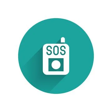 White Press the SOS button icon isolated with long shadow. Green circle button Stock Illustration