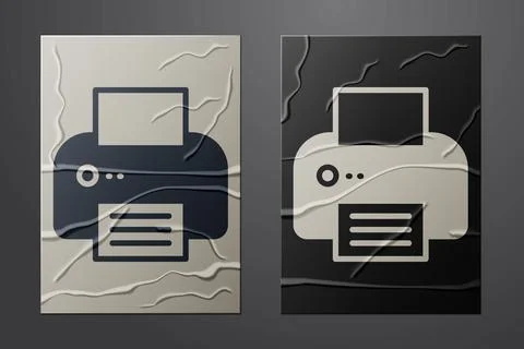 White Printer icon isolated on crumpled paper background. Paper art style Stock Illustration