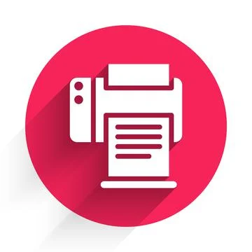 White Printer icon isolated with long shadow. Red circle button. Vector Stock Illustration