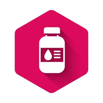 White Printer ink bottle icon isolated with long shadow. Pink hexagon button Stock Illustration