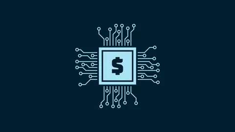White Processor chip with dollar icon isolated on blue background. CPU, central Stock Footage 230011277