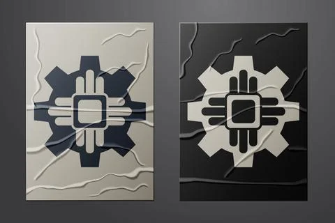 White Processor icon isolated on crumpled paper background. CPU, central Illustrazione stock